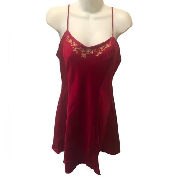 VTG Victoria’s Secret 100% Red Silk Slip Dress Sz L Gold Floral Embroidery - Picture 1 of 5